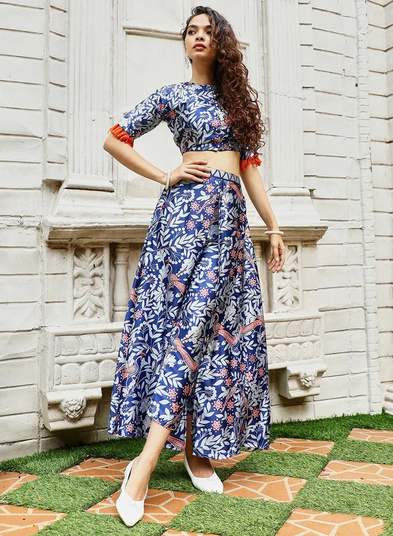 QISSA QISSA Women's Indigo Blue Flora Bird Co-Ord Set For Casual Wear | Crew Neck | Short Sleeve | 2 Piece Co-Ords Designed With Comfort Fit For Everyday Ethnic Wear