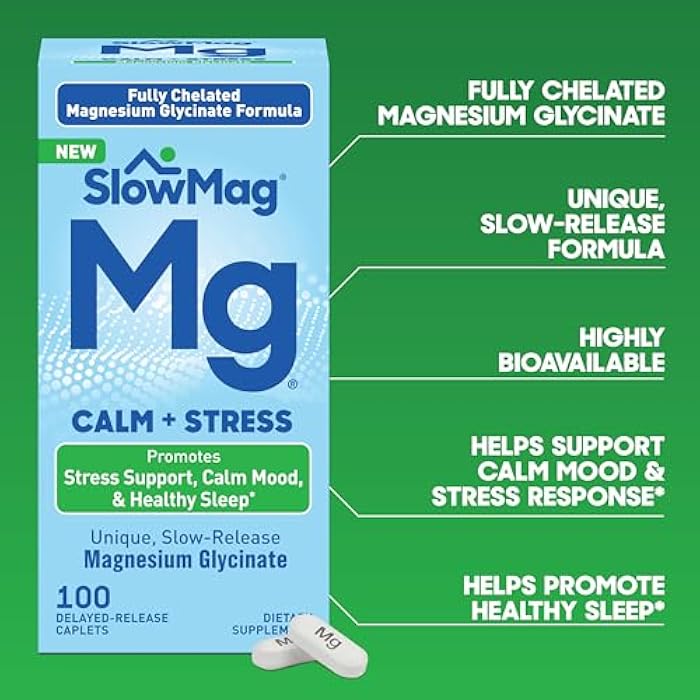 Slow-Mag SlowMag Magnesium Glycinate Caplets, 100 Count, Slow-Release, Calm & Stress Support, Healthy Sleep, Gentle on Stomach, Magnesium Glycinate Supplements for Women & Men - Image 4