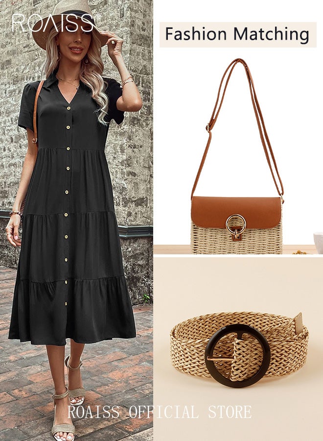 roaiss Button Layered Ruffle Hem Shirt Dress for Women with Belt and Shoulder Bag Ladies Fashionable Temperament Lapel Dresses Women's Mid-Length Solid Color Exquisite Skirt - Image 1