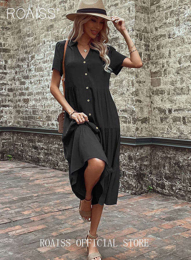 roaiss Button Layered Ruffle Hem Shirt Dress for Women with Belt and Shoulder Bag Ladies Fashionable Temperament Lapel Dresses Women's Mid-Length Solid Color Exquisite Skirt - Image 5