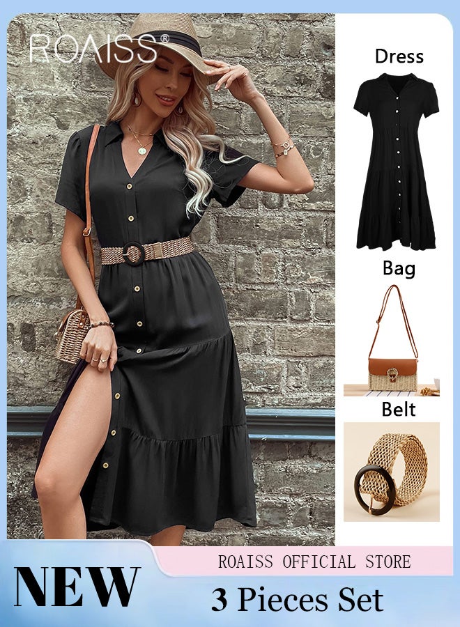 roaiss Button Layered Ruffle Hem Shirt Dress for Women with Belt and Shoulder Bag Ladies Fashionable Temperament Lapel Dresses Women's Mid-Length Solid Color Exquisite Skirt - Image 3