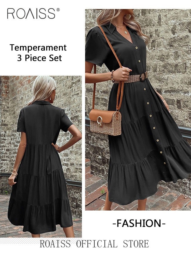 roaiss Button Layered Ruffle Hem Shirt Dress for Women with Belt and Shoulder Bag Ladies Fashionable Temperament Lapel Dresses Women's Mid-Length Solid Color Exquisite Skirt - Image 4