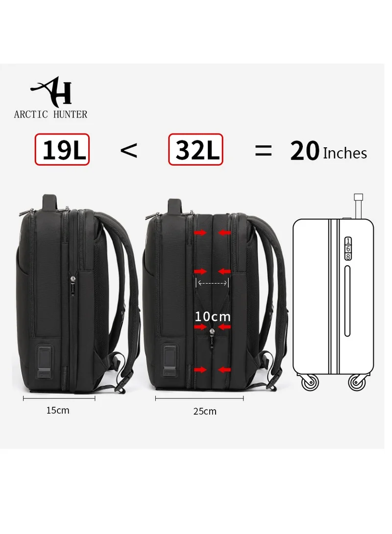 ARCTIC HUNTER Travel Backpack 3 in 1 Expandable from 19L to 32L Water & Scratch Resistant Backpack fits up to 15.6 inches Laptop with USB Port for Business Travelling for Men & Women B00345 Black