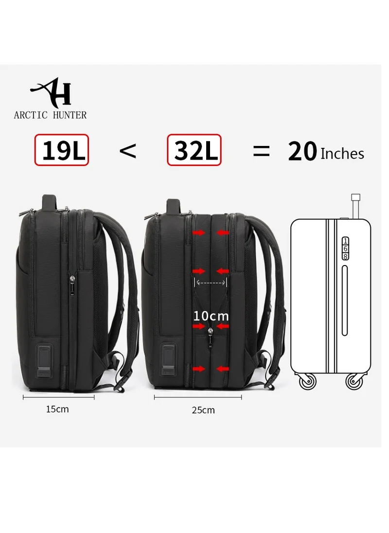 ARCTIC HUNTER Travel Backpack 3 in 1 Expandable from 19L to 32L Water & Scratch Resistant Backpack fits up to 15.6 inches Laptop with USB Port for Business Travelling for Men & Women B00345 Black