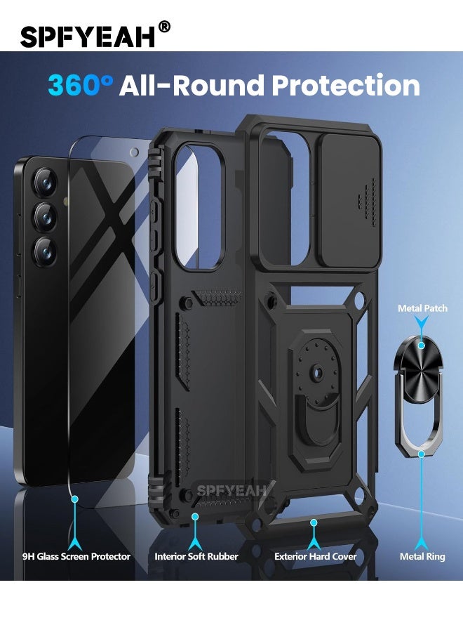 اس بي اف يا. [2 في 1] غطاء Samsung Galaxy S25 FE مع واقي شاشة زجاجي مقوى عالي الدقة، غطاء كاميرا منزلق، حامل حلقي مدمج يدور 360 درجة، جراب شديد التحمل مقاوم للصدمات والسقوط لهاتف Samsung Galaxy S25 FE مقاس 6.7 بوصة (أسود، عبوة من 1+1) - Image 3