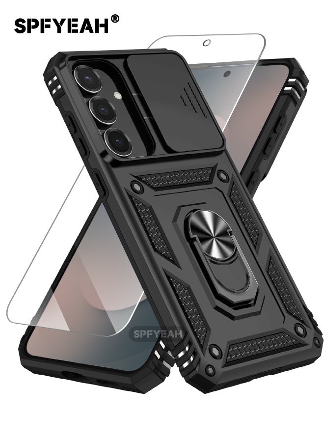 اس بي اف يا. [2 في 1] غطاء Samsung Galaxy S25 FE مع واقي شاشة زجاجي مقوى عالي الدقة، غطاء كاميرا منزلق، حامل حلقي مدمج يدور 360 درجة، جراب شديد التحمل مقاوم للصدمات والسقوط لهاتف Samsung Galaxy S25 FE مقاس 6.7 بوصة (أسود، عبوة من 1+1) - Image 1