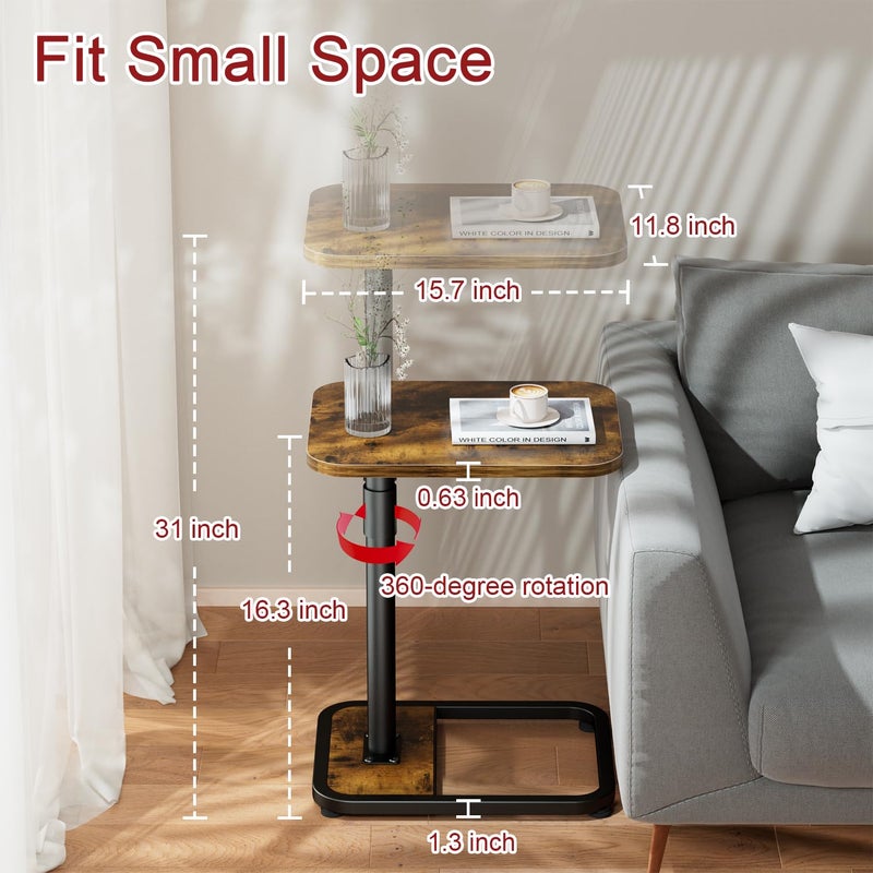 GOYLSER C-Shaped Tables Small Swivel End Table, Height Adjustable Side Tables Living Room, Snack Couch Wooden Tv Trays for Eating On Couch, Rustic Brown - Image 2