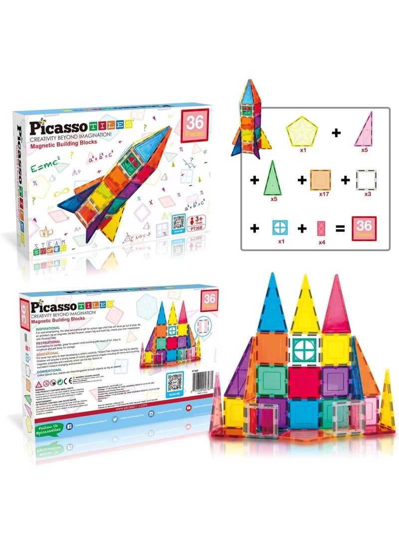 PicassoTiles بلاط بيكاسو المغناطيسي سفينة صاروخ 36 قطعة | كتل بناء | ألعاب STEM | مجموعة ألعاب تعليمية | كتل تكديس | مجموعة بناء لتطوير عقل الطفل - Image 2