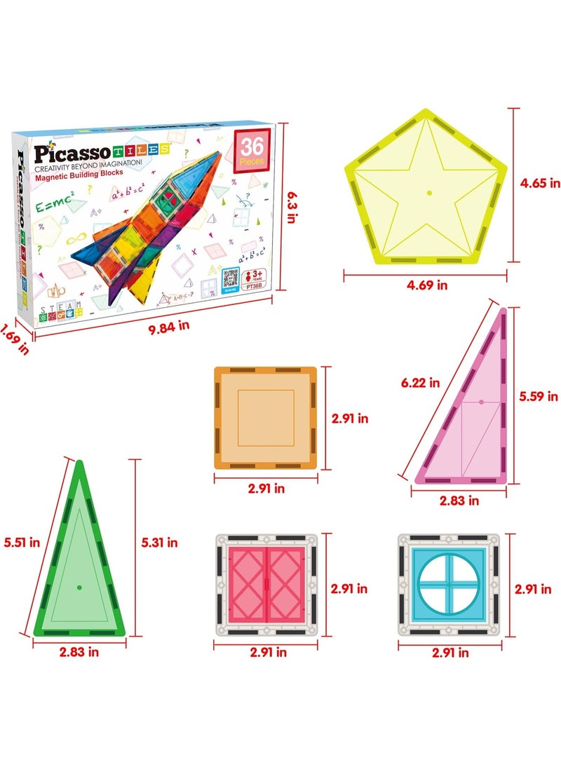 PicassoTiles بلاط بيكاسو المغناطيسي سفينة صاروخ 36 قطعة | كتل بناء | ألعاب STEM | مجموعة ألعاب تعليمية | كتل تكديس | مجموعة بناء لتطوير عقل الطفل - Image 3