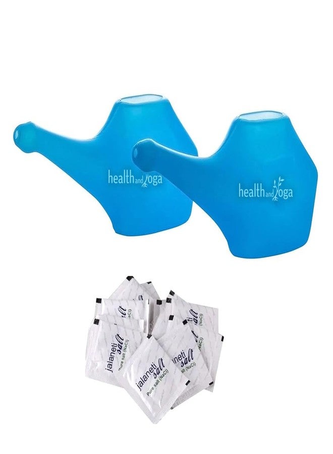 HealthAndYoga® QwikFlo Plastic Neti Pots - (Blue-200 ml, Pack of 2) - HealthAndYoga® Pure Jala Neti Salt Sachets (Pack of 10) - Image 1