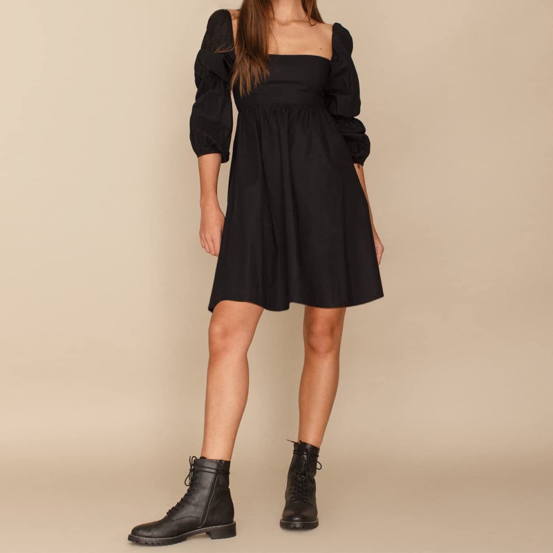 EXLURA Womens Square Neck Dress Long Puff Sleeve A-Line Casual Short Mini Dress Black - Image 4
