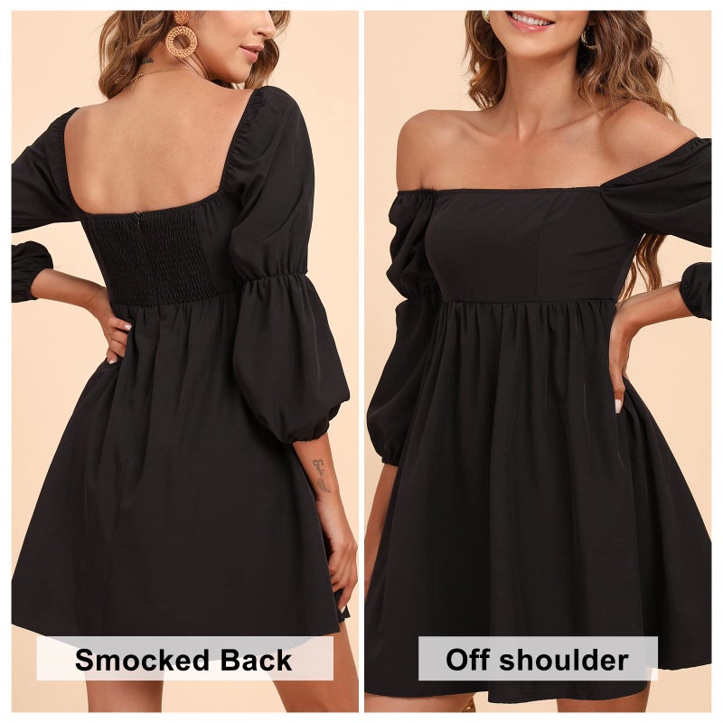 EXLURA Womens Square Neck Dress Long Puff Sleeve A-Line Casual Short Mini Dress Black - Image 2