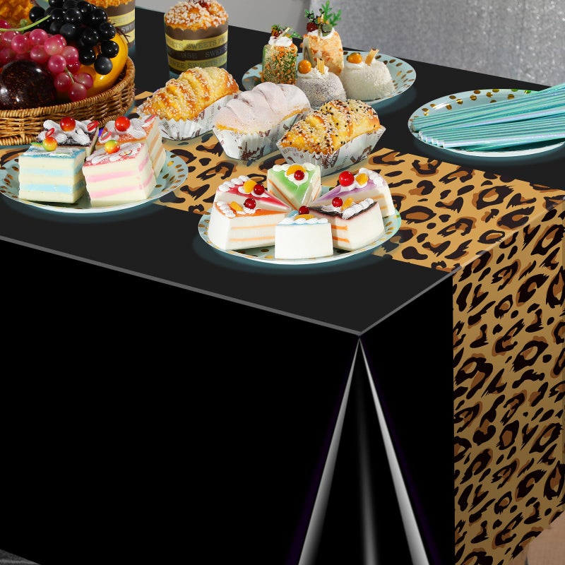 Jectivs 3 Pack Leopard Print Party Tablecloth Decorations,Safari Animal Cheetah Plastic Table Cloth Black Leopard Runner Disposable Rectangle Table Cover for Baby Shower Birthday Party Supplies, 54x108 Inch - Image 4
