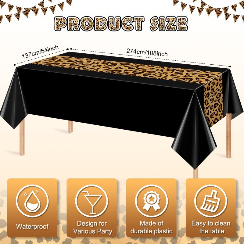 Jectivs 3 Pack Leopard Print Party Tablecloth Decorations,Safari Animal Cheetah Plastic Table Cloth Black Leopard Runner Disposable Rectangle Table Cover for Baby Shower Birthday Party Supplies, 54x108 Inch - Image 2