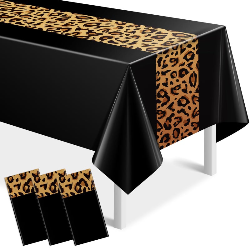 Jectivs 3 Pack Leopard Print Party Tablecloth Decorations,Safari Animal Cheetah Plastic Table Cloth Black Leopard Runner Disposable Rectangle Table Cover for Baby Shower Birthday Party Supplies, 54x108 Inch - Image 1