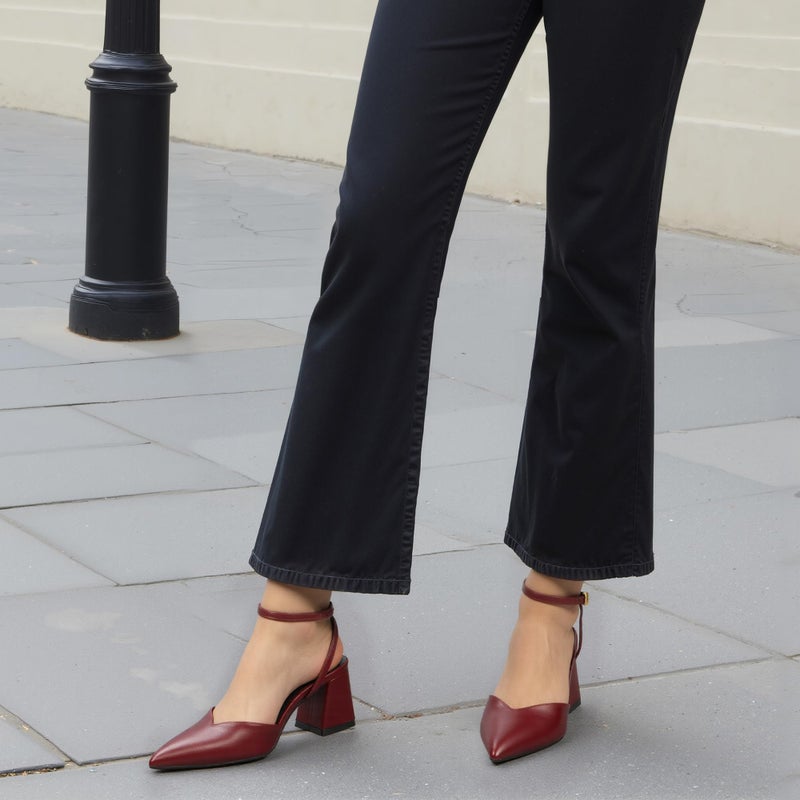 QIY Burgundy Heels for Women Closed Toe Wine Red Pointed Toe Heels for Women Ankle Strap Strappy Slingback Sling Back Short Low Chunky Block Heel Women's Pumps Dress Wedding Shoes Size 8 - Image 2