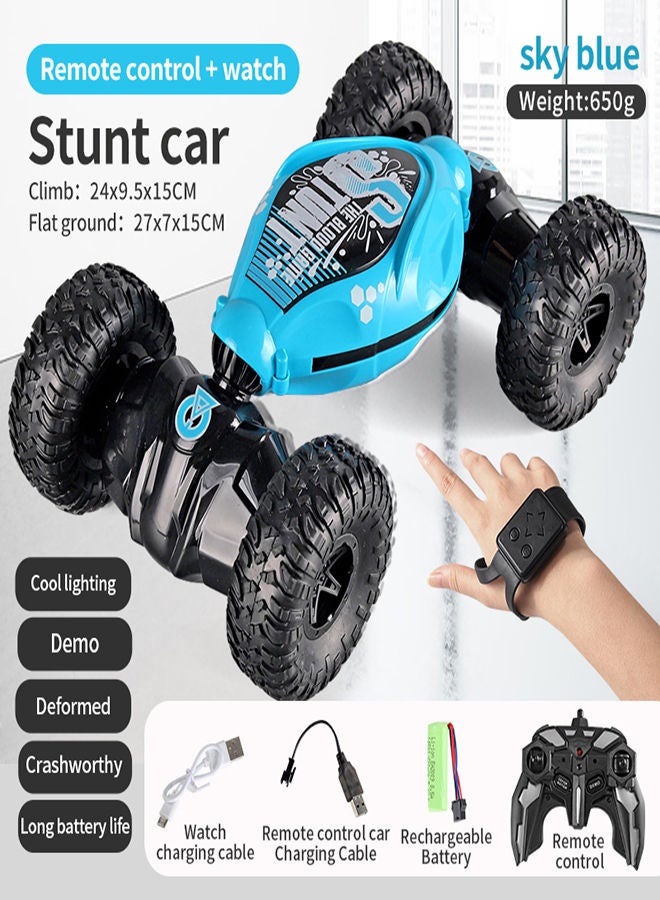 AROAQ Sky Blue Remote Control Stunt Car 4WD Stunt Gesture Induction Twisting Off Road Deformed Vehicle Cool Light Music Drift Traverse Remote Control and Watch Dancing Side Driving Toy  - Image 1