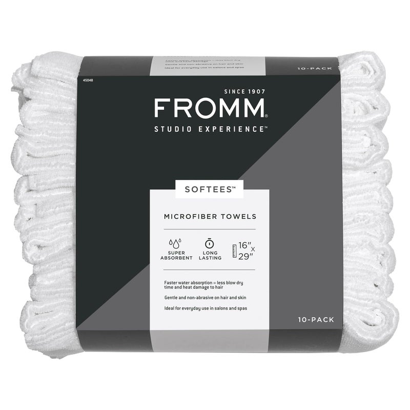 Fromm Softees Microfiber Hair Towels, Absorbent Salon Hair Towels for Hairstylists, Barbers, Spa & Gym, Fast-Drying, Ultra-Soft, Lint-Free, Multi-Purpose Towels, 16" x 29"- 10-Pack - White - Image 1