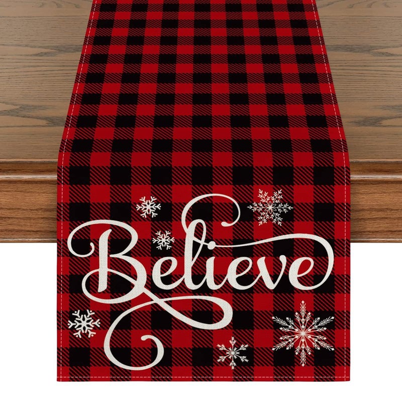 Artoid Mode Red and Black Buffalo Plaid Believe Table Runner Seasonal Winter Christmas Holiday Kitchen Dining Table Decoration for Indoor Outdoor Home Party Decor 13 x 108 Inch