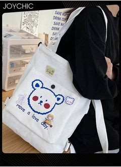 Joychic Lovely Bear Printed Canvas Bag Large Capacity Casual Student Backpack Multifunction Tote Bag with Cartoon Pendant White  - Image 1