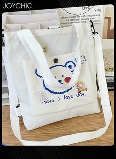 Joychic Lovely Bear Printed Canvas Bag Large Capacity Casual Student Backpack Multifunction Tote Bag with Cartoon Pendant White  - Image 2