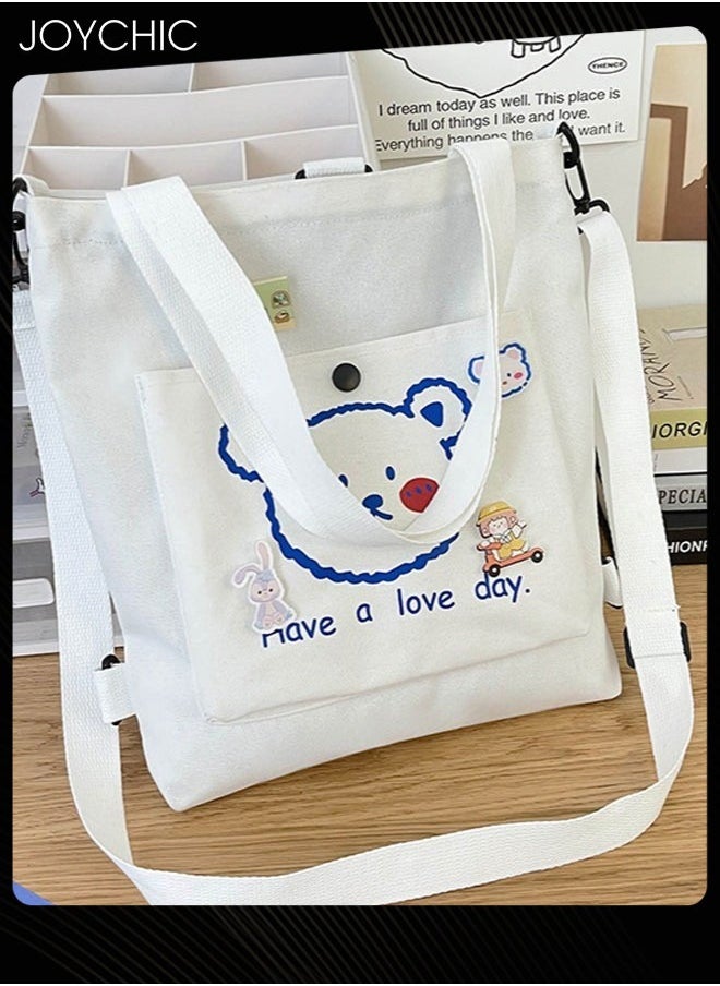 Joychic Lovely Bear Printed Canvas Bag Large Capacity Casual Student Backpack Multifunction Tote Bag with Cartoon Pendant White  - Image 2
