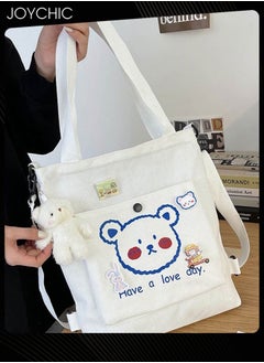 Joychic Lovely Bear Printed Canvas Bag Large Capacity Casual Student Backpack Multifunction Tote Bag with Cartoon Pendant White  - Image 3