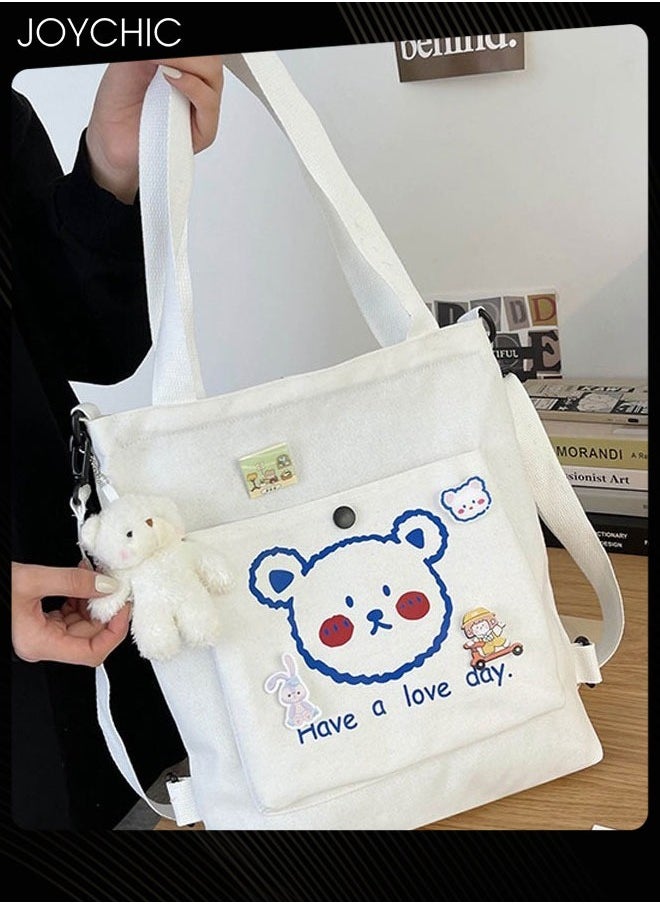 Joychic Lovely Bear Printed Canvas Bag Large Capacity Casual Student Backpack Multifunction Tote Bag with Cartoon Pendant White  - Image 3