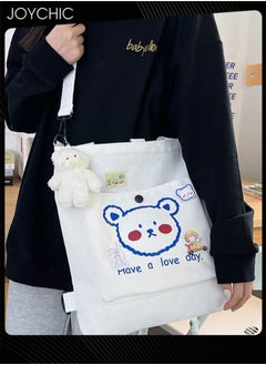 Joychic Lovely Bear Printed Canvas Bag Large Capacity Casual Student Backpack Multifunction Tote Bag with Cartoon Pendant White  - Image 4