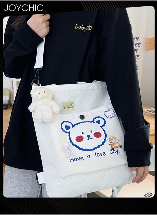 Joychic Lovely Bear Printed Canvas Bag Large Capacity Casual Student Backpack Multifunction Tote Bag with Cartoon Pendant White  - Image 4