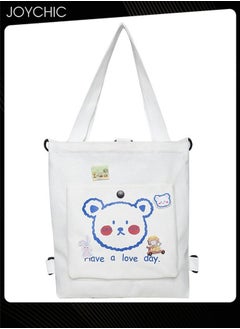 Joychic Lovely Bear Printed Canvas Bag Large Capacity Casual Student Backpack Multifunction Tote Bag with Cartoon Pendant White  - Image 5