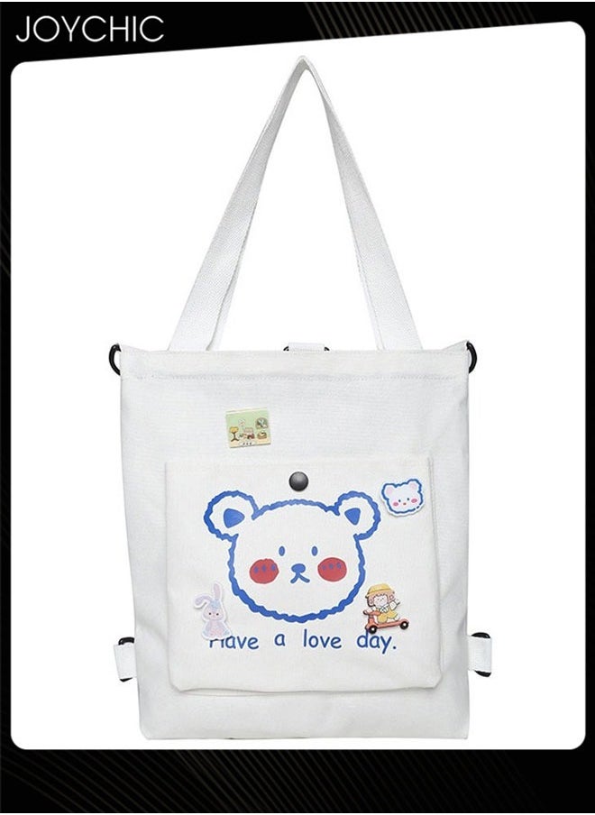 Joychic Lovely Bear Printed Canvas Bag Large Capacity Casual Student Backpack Multifunction Tote Bag with Cartoon Pendant White  - Image 5