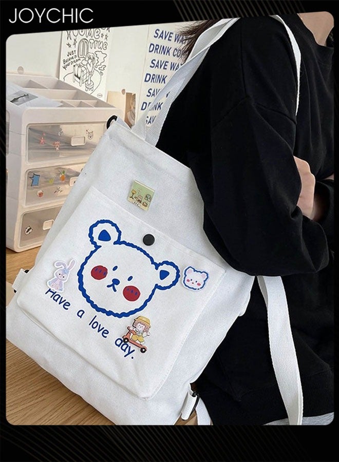 Joychic Lovely Bear Printed Canvas Bag Large Capacity Casual Student Backpack Multifunction School Tote Bag with Cartoon Pendant White - Image 2