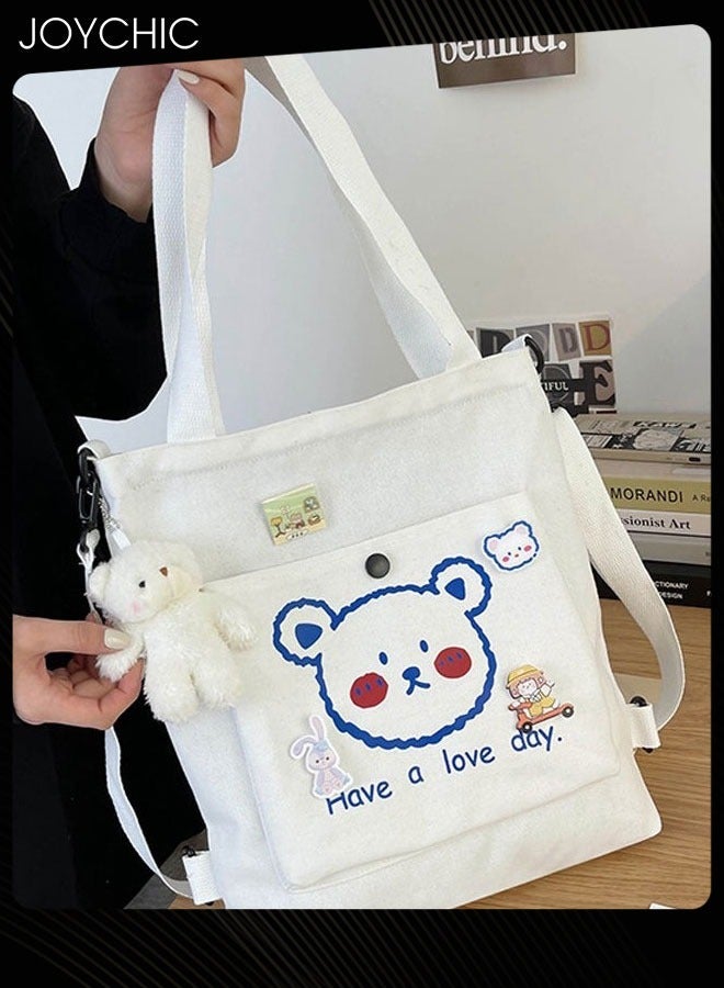 Joychic Lovely Bear Printed Canvas Bag Large Capacity Casual Student Backpack Multifunction School Tote Bag with Cartoon Pendant White - Image 1