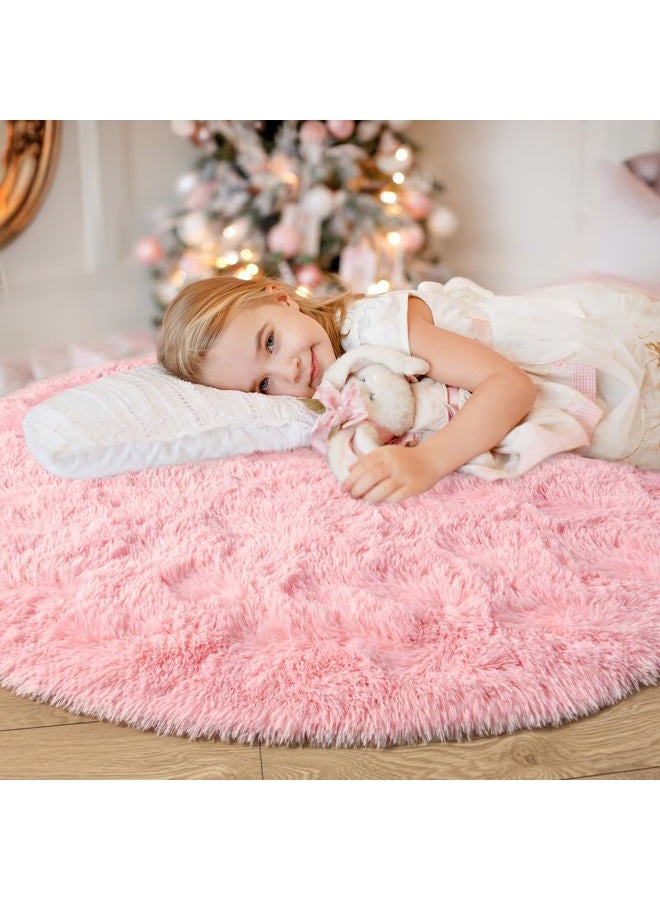 Junovo Round Fluffy Soft Area Rugs for Kids Room Children Room Girls Room Nursery,4 Feet,4-Feet,Pink - Image 2
