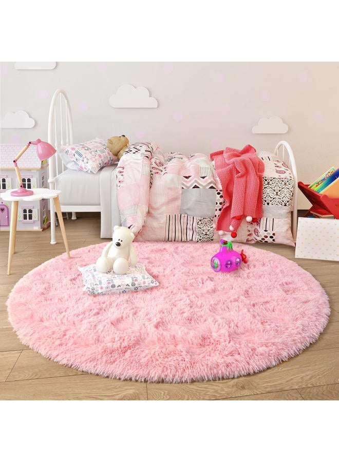 Junovo Round Fluffy Soft Area Rugs for Kids Room Children Room Girls Room Nursery,4 Feet,4-Feet,Pink - Image 3