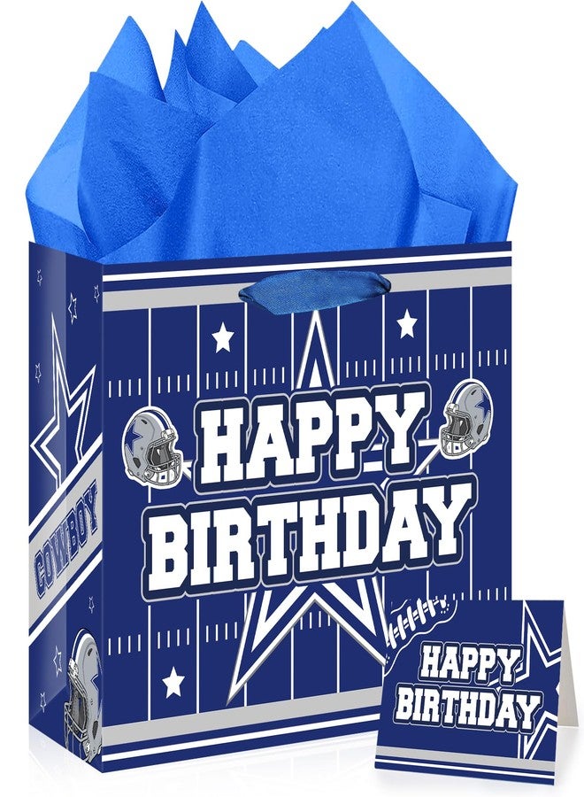 TAKEALOOKO Football Birthday Gift Bag with Handles - Large Blue Football Giftbag with Wrapping Paper and Greeting Card, Game Day Party Favor for Men Boys Kids Teens, Foot Ball Fan Sports Parties Favors - Image 1