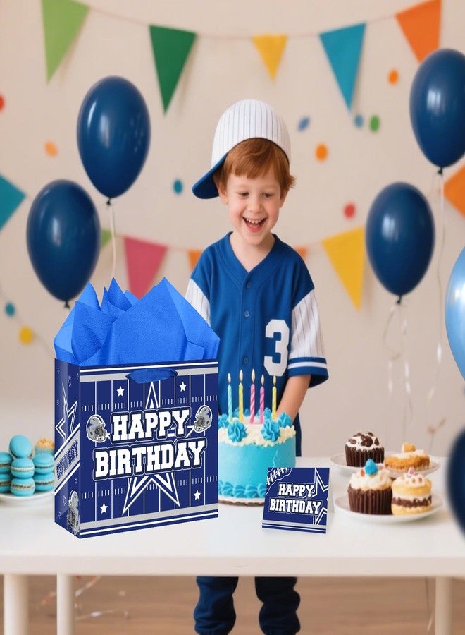 TAKEALOOKO Football Birthday Gift Bag with Handles - Large Blue Football Giftbag with Wrapping Paper and Greeting Card, Game Day Party Favor for Men Boys Kids Teens, Foot Ball Fan Sports Parties Favors - Image 2