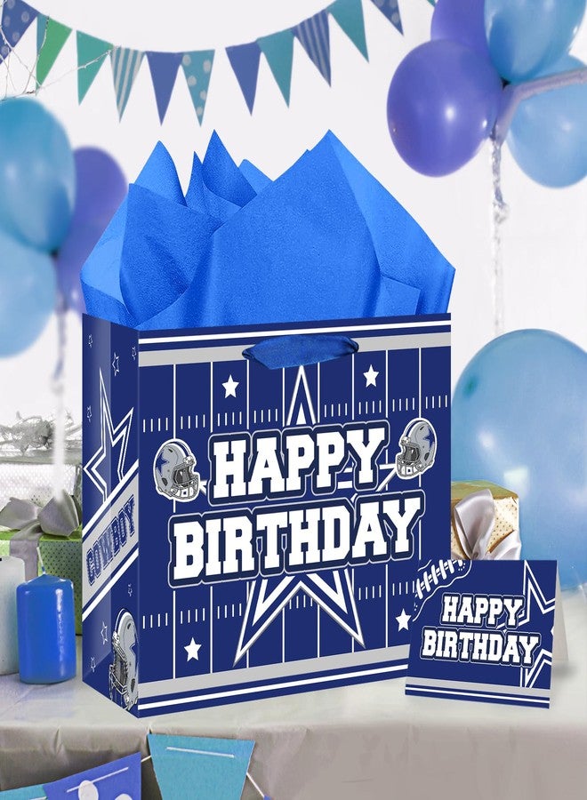 TAKEALOOKO Football Birthday Gift Bag with Handles - Large Blue Football Giftbag with Wrapping Paper and Greeting Card, Game Day Party Favor for Men Boys Kids Teens, Foot Ball Fan Sports Parties Favors - Image 4