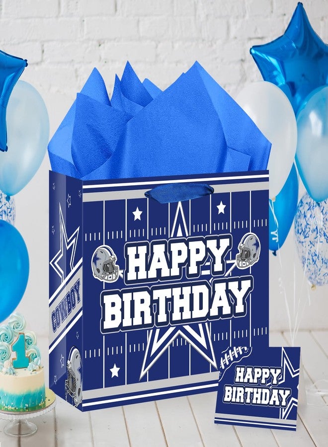 TAKEALOOKO Football Birthday Gift Bag with Handles - Large Blue Football Giftbag with Wrapping Paper and Greeting Card, Game Day Party Favor for Men Boys Kids Teens, Foot Ball Fan Sports Parties Favors - Image 5
