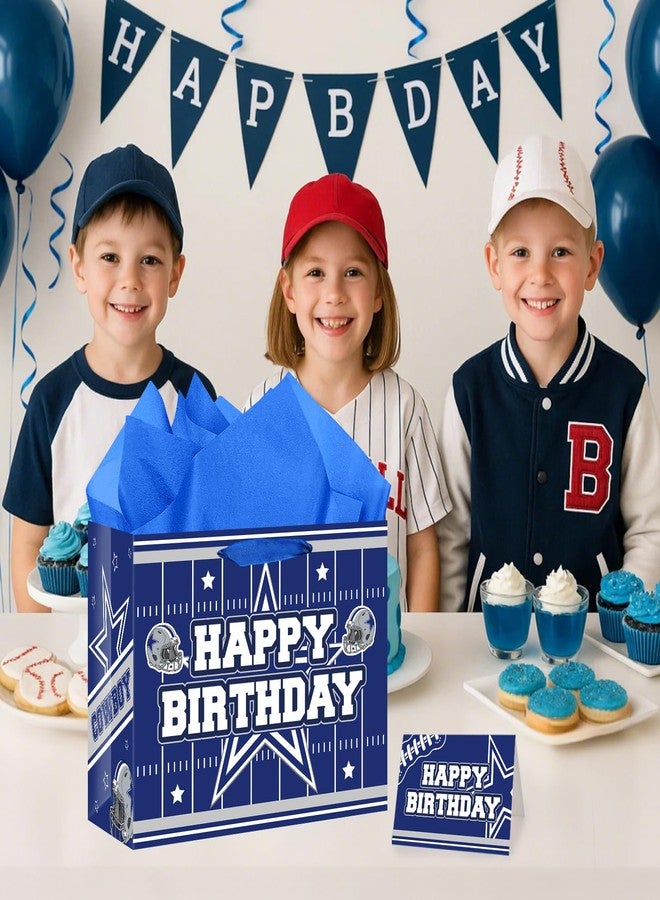 TAKEALOOKO Football Birthday Gift Bag with Handles - Large Blue Football Giftbag with Wrapping Paper and Greeting Card, Game Day Party Favor for Men Boys Kids Teens, Foot Ball Fan Sports Parties Favors - Image 3