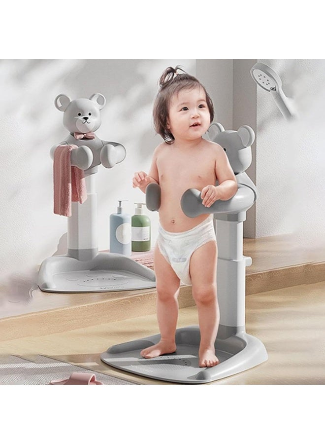 حامل استحمام الطفل قابل للتعديل مع قاعدة مضادة للانزلاق، دعم حمام دب قابل للعناق، مساعد حمام محمول للرضع والاطفال الصغار - سهل الاستخدام، مساعد حمام متين للاطفال من 8 الى 36 شهر (رمادي) - Image 1