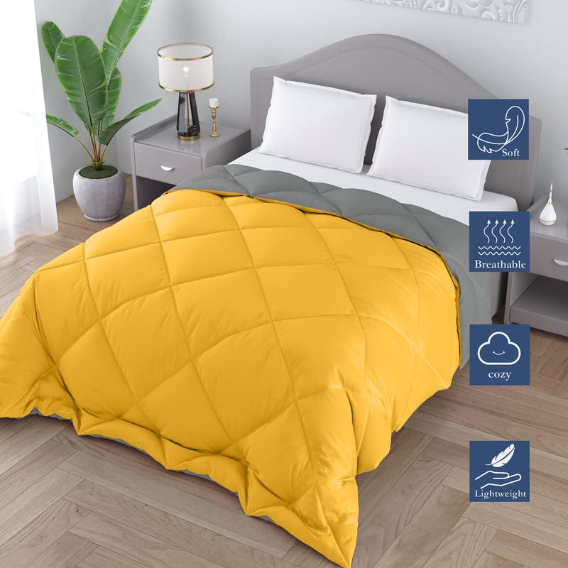 CHICERY Microfiber Reversible Solid Extra Comfort & Soft Comforter||Blanket Double Bed 250 GSM Ultra Soft Comforter for Winter-Yellow Grey-Pack of 1 - Image 2