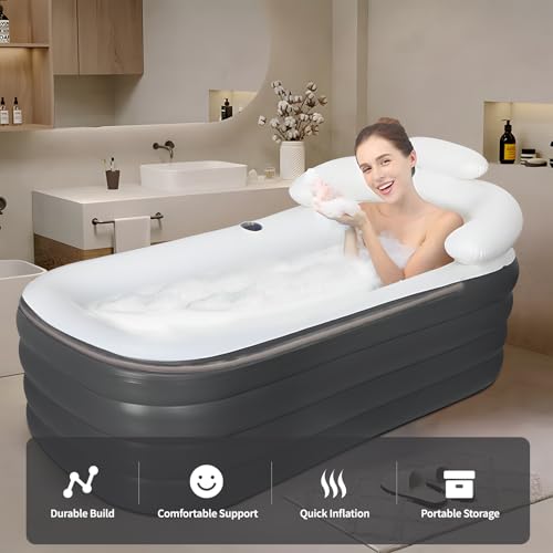 Crossing King Inflatable Bathtub, Portable Bathtub Adult with Electric Air Pump, Freestanding Foldable Spa Tub with Backrest Cup Holder for Indoor Outdoor, Easy to Inflate＆Drain (Gray) - Image 2