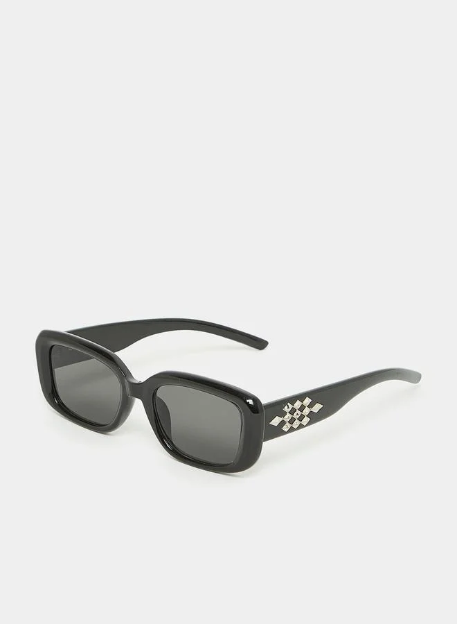 Styli Full Rim Rectangle Sunglasses with Embellished Temple Detail