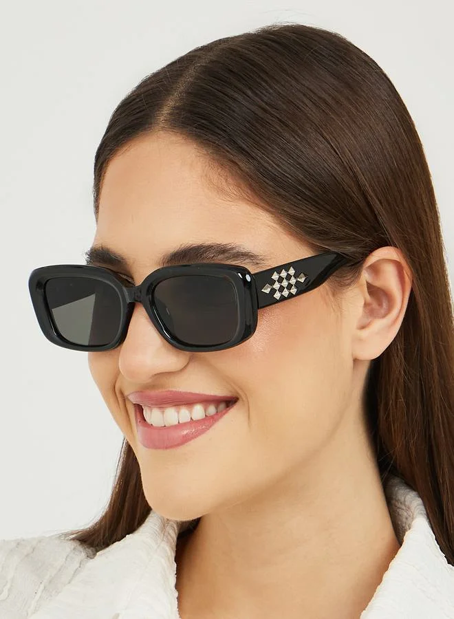 Styli Full Rim Rectangle Sunglasses with Embellished Temple Detail