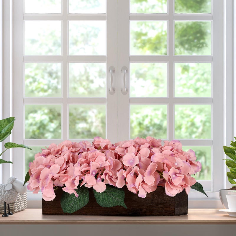 Scawim Spring Flower Table Centerpiece  Fake Hydrangea Arrangements Centerpieces Artificial Flowers Decor Wood Tray With Faux Flower Wedding Bouquets Room Kitchen Farmhouse Indoor Office Party(Pink) - Image 3