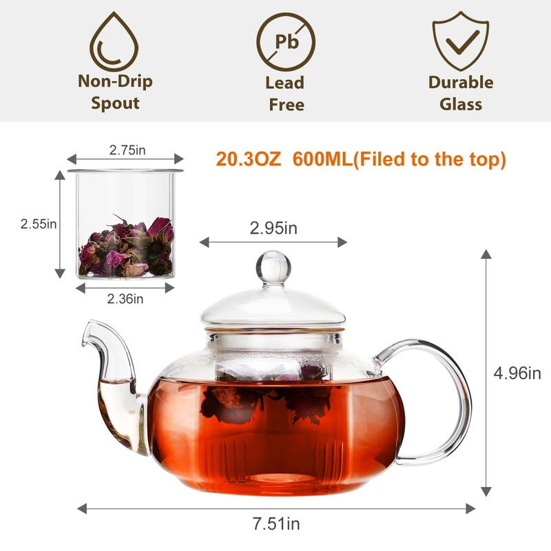 CNGLASS Glass Teapot Stovetop Safe,Clear Teapot with Removable Infuser 20.3 oz,Loose Leaf and Blooming Tea Maker - Image 3