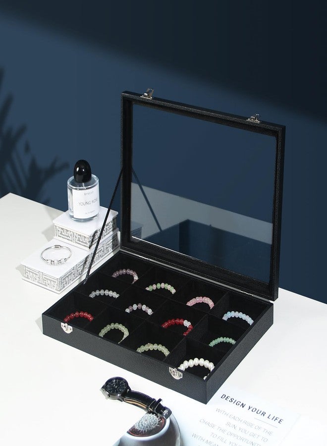 Coward Jewelry Organizer Box, Black Velvet 12 Grids Bracelet Bangle Necklace Jewelry Display Tray Case with Transparent Glass Lid for Home Drawer Desk or Store Selling Show - Image 3