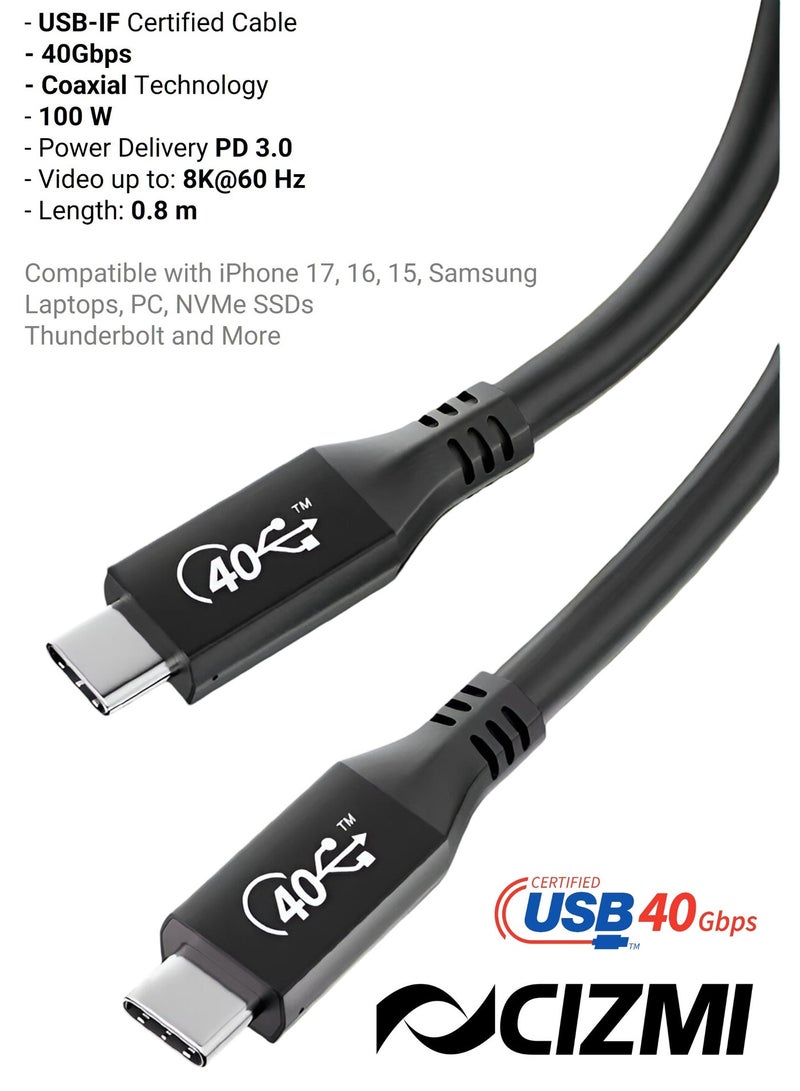 سيزمي ✦ [معتمد من USB-IF] كابل USB-C للشحن الفائق بسرعة 40Gbps وقدرة 100W | Power Delivery PD 3.0 | تصميم Coaxial | USB4 Gen 3 | Thunderbolt 4 (TBT4) | فيديو 8K@60Hz | متوافق مع iPhone 17/16/15، Samsung، الشاشات وغيرها | بطول 0.8 متر - Image 1
